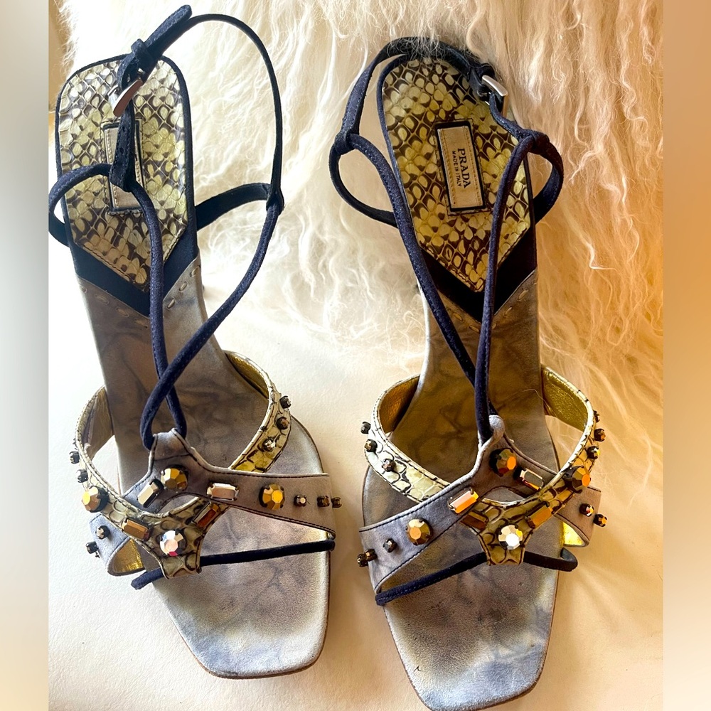 Vintage Prada Women's Strappy Heels - Black and Gold - Picture 2 of 16
